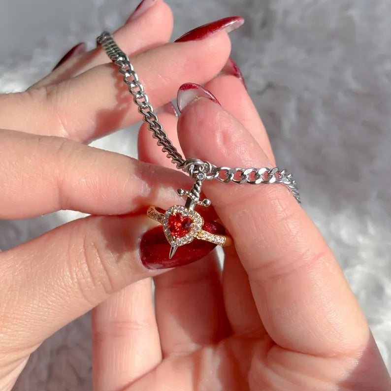 SORA Heart & Sword Matching Bracelet - Adjustable Ring Set